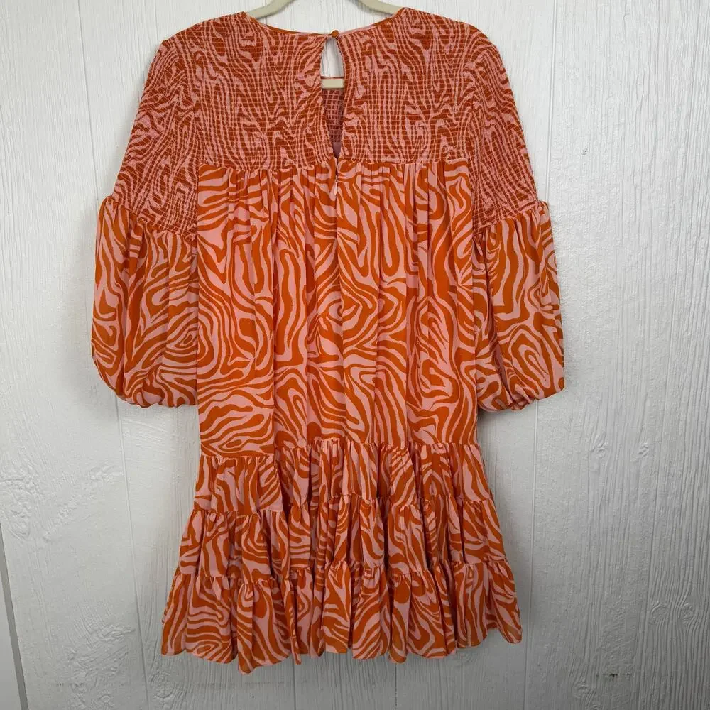 Cinq a Sept Billowed Sleeve Rika Dress Size 6 Orange Pink Smocked Boatneck NWT - Picture 10 of 14